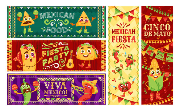 Mexican restaurant food banners. Nachos, tacos and burrito fiesta style food court flyers. Viva Mexico meals cartoon vector template set