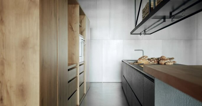 Modern interior and dining room in luxury house.Modern and spacious wooden kitchen room. Real Estate. Luxury kitchen with island and chairs. Minimalist design in New Home. cozy interior.