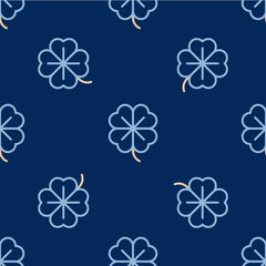 Line Four leaf clover icon isolated seamless pattern on blue background. Happy Saint Patrick day. Vector