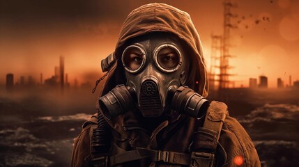 Toxic Realities: Gas Masked Figure in Dystopia. Generative ai