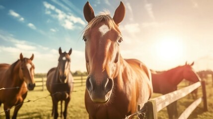 Farmstead Companions: Horses Enjoying the Day. Generative ai