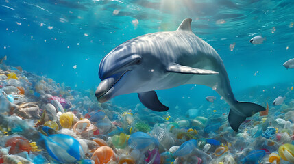 Obraz na płótnie Canvas dolphin in the sea full of plastic garbage. Generative ai