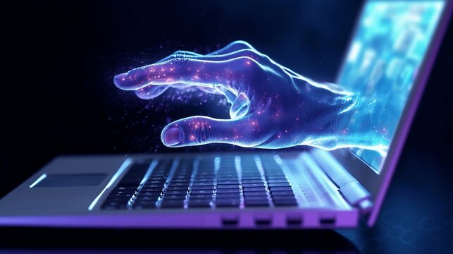 Virtual grabbing hand emerging from the laptop. Generative ai