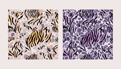 Tiger abstract  african  seamless pattern  in different colors  flat style. Modern safari animal fashion print  skin design for textile, fabric, wallpaper. Vector illustration