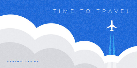 Abstract minimal summer horizontal poster, cover, card with blue sky, plane in the clouds and modern typography. Summer holidays, journey, vacation travel illustration. Promo ads design template