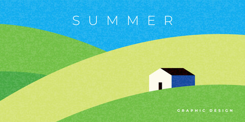 Abstract minimal summer horizontal poster, cover, card with blue sky, green fields, farm house and modern typography. Summer holidays, nature landscape illustration. Promo ads design template - obrazy, fototapety, plakaty