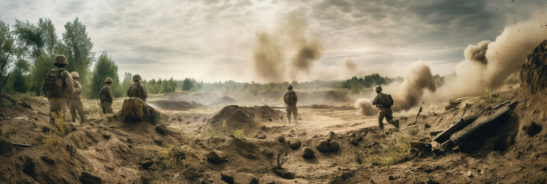 Special Forces Soldiers in Action on Smoky Battlefield, Ukrainian troops attacking hostile positions, Army Commando in Camo Uniform and Helmet in Wide Poster Panorama. generative ai
