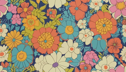 Cute retro hand drawn abstract flowers print. Modern cartoon style pattern. Fashionable template for design