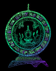 Time travel machine. Fantastic time machine future cyberpunk style. Bright neon gradient outline, isolated on black background.