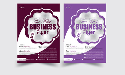 Business flyer design color purple and red background white. 