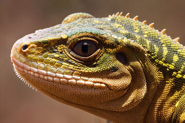 Close-up lizard head. Illustration with reptile among wild nature. Generative AI