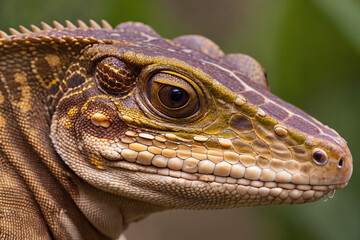 Fototapeta premium Close-up lizard head. Illustration with reptile among wild nature. Generative AI