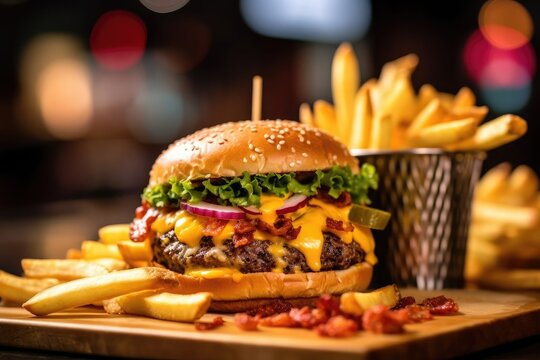 Rustic Homemade Bacon Cheeseburger and fries with melting cheese, bacon, pickles, red onion and lettuce with colorful blurred background. AI Generated