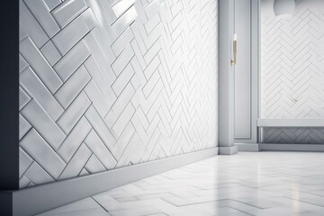A modern 3D rendered wall with a white polished background and herringbone tile pattern. Generative AI