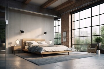 Fototapeta na wymiar Contemporary bedroom in a loft setting, with modern interior details. 3D rendering. Generative AI