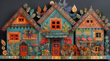 Naklejka premium A House in Folk Art Style