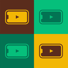 Pop art Online play video icon isolated on color background. Smartphone and film strip with play sign. Vector