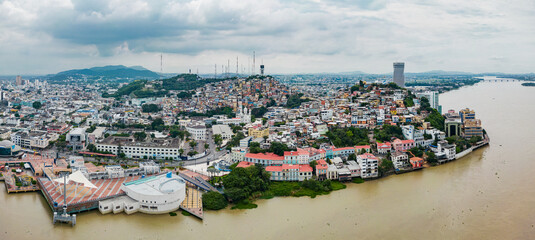 Aerial view of Malecon Simon Bolivar and Cerro Santa Ana in Guayaquil, a recreational place for locals and tourists near down town.
