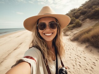 Sommerurlaub mit Selbstportraits, Wandern und Strandspaziergang., generative AI.