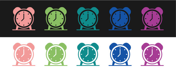 Set Alarm clock icon isolated on black and white background. Wake up, get up concept. Time sign. Vector