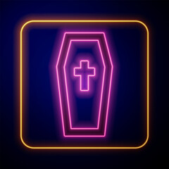 Glowing neon Coffin with christian cross icon isolated on black background. Happy Halloween party. Vector