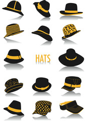 Two-tone vector silhouettes of hats, part of a collection of fashion and lifestyle objects