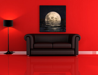 black leather sofa and the moon in a red room