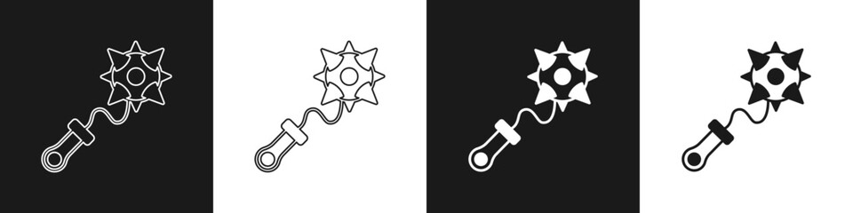 Set Medieval chained mace ball icon isolated on black and white background. Morgenstern medieval weapon or mace with spikes. Vector