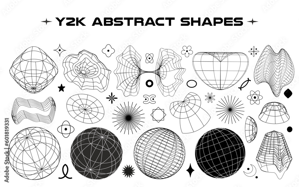 Aufkleber Abstract y2k geometric elements and wireframe shapes. Black and white line design elements. Vector illustration for social networks or posters. EPS 10
