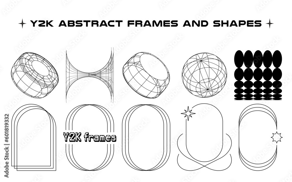 Poster Set of abstract aesthetic y2k geometric elements and wireframe shapes. Black and white retro line design elements. Vector illustration for social networks or posters on transpаrent background.