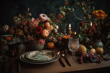 Fototapeta na wymiar Table with floral decoration. Generative AI