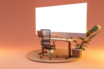 single isolated computer workspace on wooden podium with giant widescreen monitor; freelance and home office concept; 3D Illustration