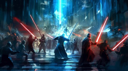 Naklejka premium Jedis fighting with lightsabers. Generative AI