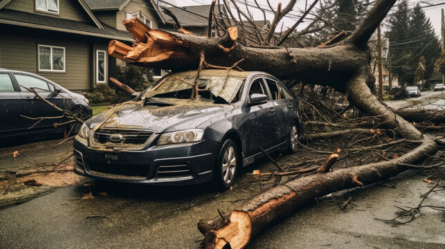 ein Baum kracht auf ein Auto, schwerer Orkan