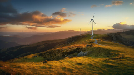 Windrad auf einem Berg bei Sonnenuntergang