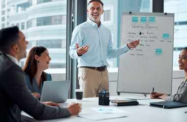 Senior businessman, happy leader and training presentation or business meeting for sales marketing...