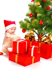 Obraz na płótnie Canvas Baby unpacking Christmas presents, isolated