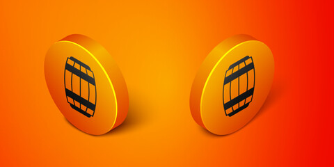 Isometric Wooden barrel icon isolated on orange background. Alcohol barrel, drink container, wooden keg for beer, whiskey, wine. Orange circle button. Vector