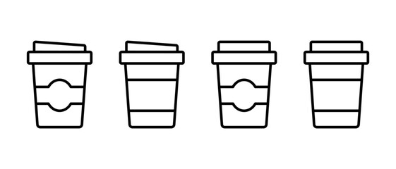 Coffee cup vector icon set. Hot drink symbol. Linear logo container with lid for drinks