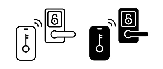 Door handle vector icon set. Smartphone door unlock symbol. Door sign with electronic key