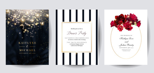 Classic elegant vertical vector design frames. Black and gold glitter garlands, black and white stripes square, red roses
