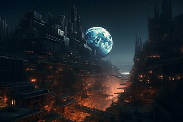 A cyberpunk metropolis on a planetary surface, glowing in the dark with an enormous moon looming in the background. Generative AI