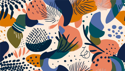 Modern abstract exotic floral pattern. Collage trendy seamless pattern. Hand drawn cartoon style illustration