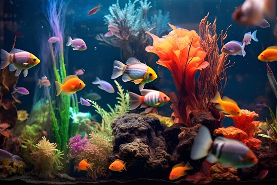Tropical sea underwater fishes on coral reef. Aquarium oceanarium wildlife colorful marine panorama landscape nature snorkeling diving