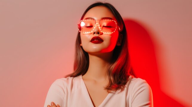 Asian woman doing red light therapy and wearing protective glasses. Generative AI