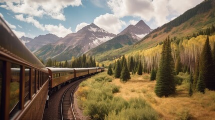 Train riding on tracks through the mountains. Swiss locomotive in the Alps. Train cars landscape