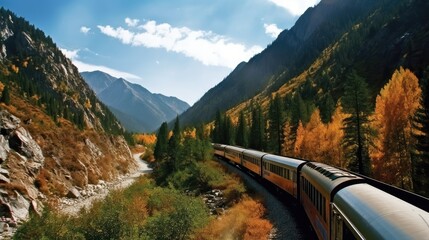 Train riding on tracks through the mountains. Swiss locomotive in the Alps. Train cars landscape