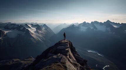 Hiker at the summit of a mountain overlooking a stunning view. Apex silhouette cliffs and valley...