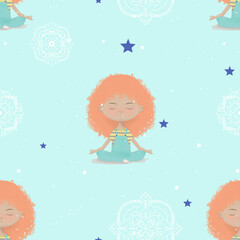 Fototapeta na wymiar Young pretty woman performing yoga exercise. Female cartoon character sitting in lotus posture and meditating. Girl with crossed legs isolated. Pattern background.