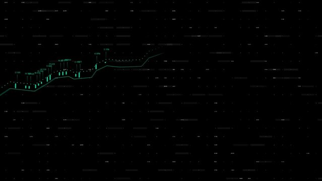 Stock market, trading and investment with profit chart for finance, data or digital banking. Sales, information and statistics with global index funds on black background for economy, growth or cost